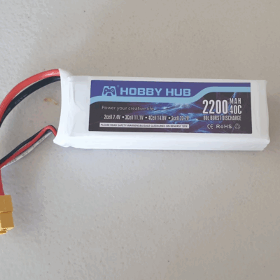 2200 3S 40C LiPo. XT60 outlet plug. Hobby Hub brand so very good.