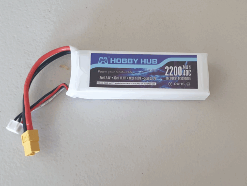 2200 3S 40C LiPo. XT60 outlet plug. Hobby Hub brand so very good.